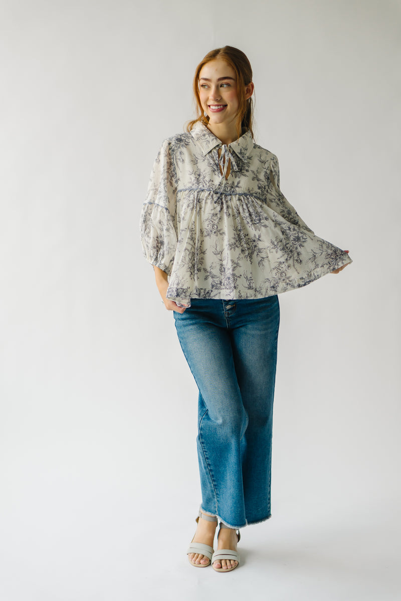 The Tamlin Floral Tie Detail Blouse in Off White + Charcoal