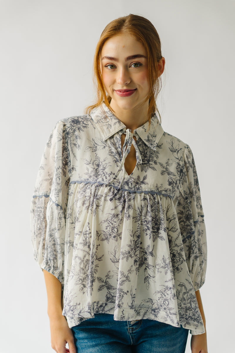 The Tamlin Floral Tie Detail Blouse in Off White + Charcoal