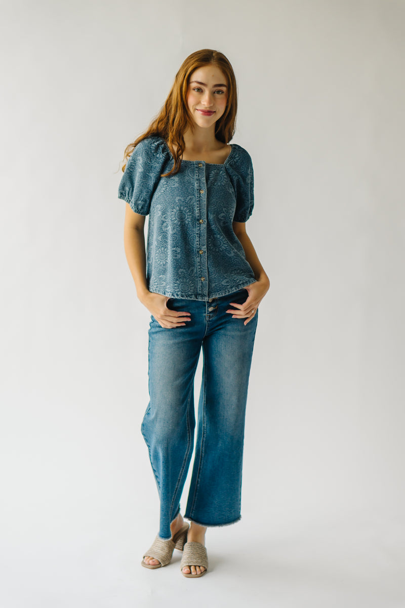 The Savoia Paisley Puff Sleeve Blouse in Denim