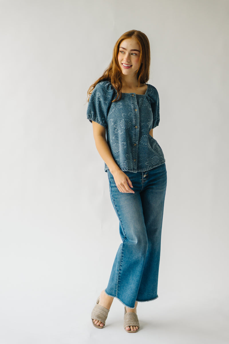 The Savoia Paisley Puff Sleeve Blouse in Denim