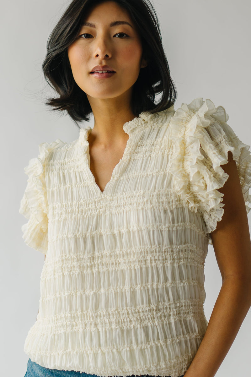 The Gregson Woven Ruffle Blouse in Oatmeal