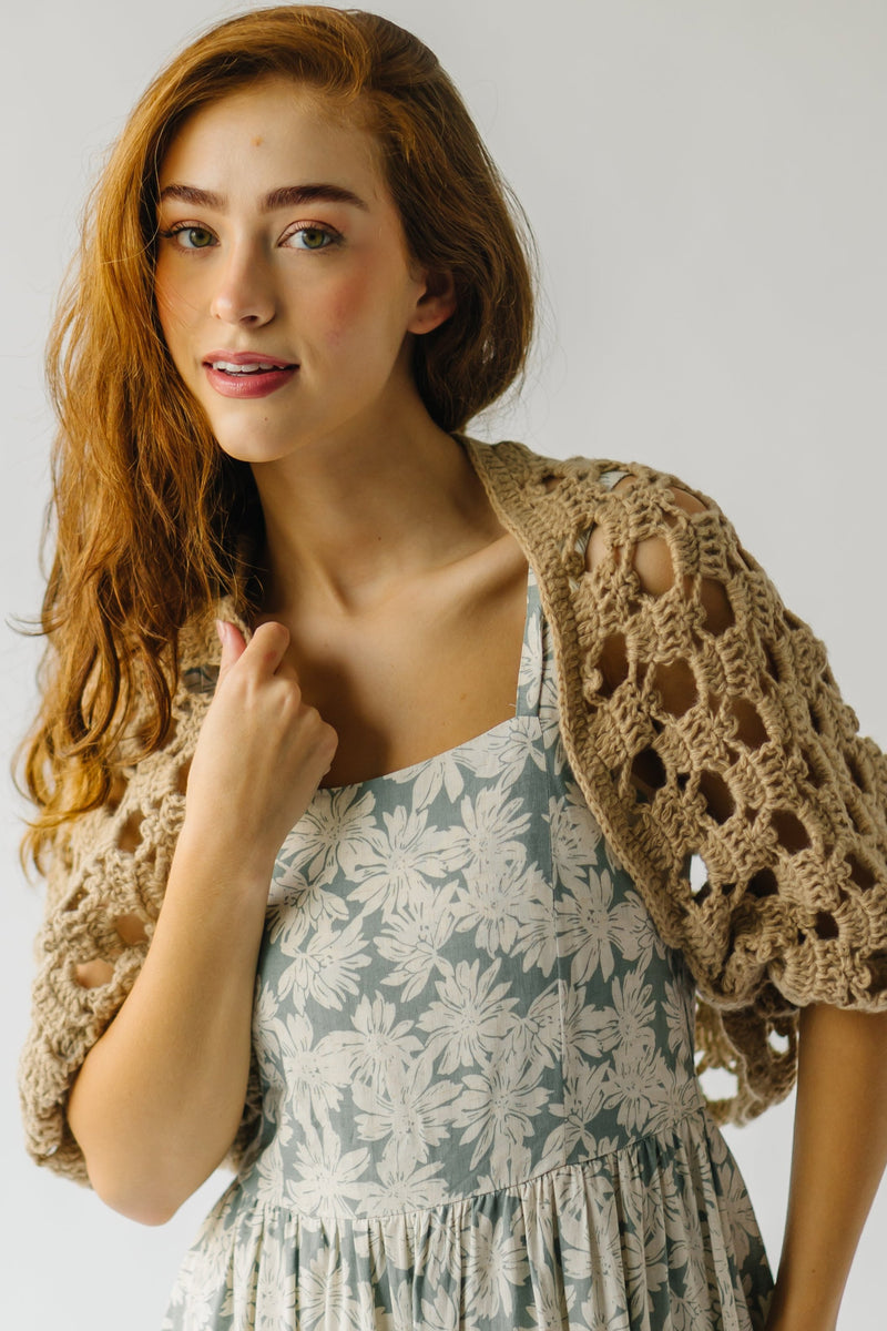 The Borlik Open Crochet Cropped Cardigan in Stone