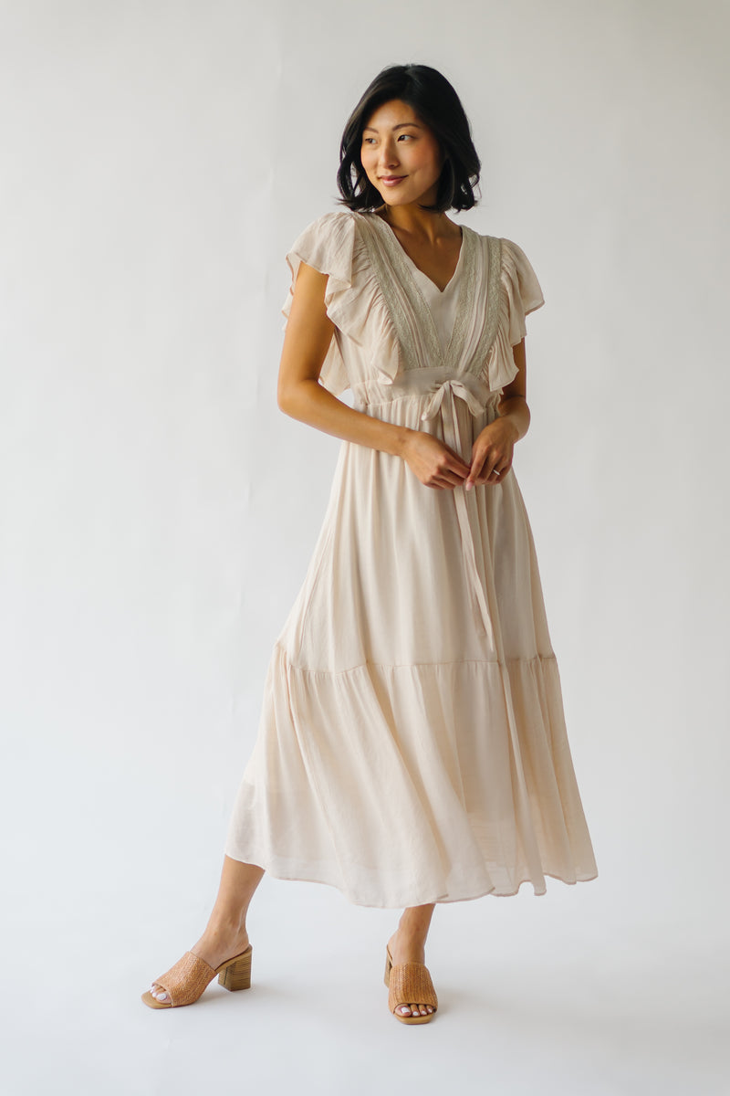 The Clovis Ruffle Sleeve Midi Dress in Natural