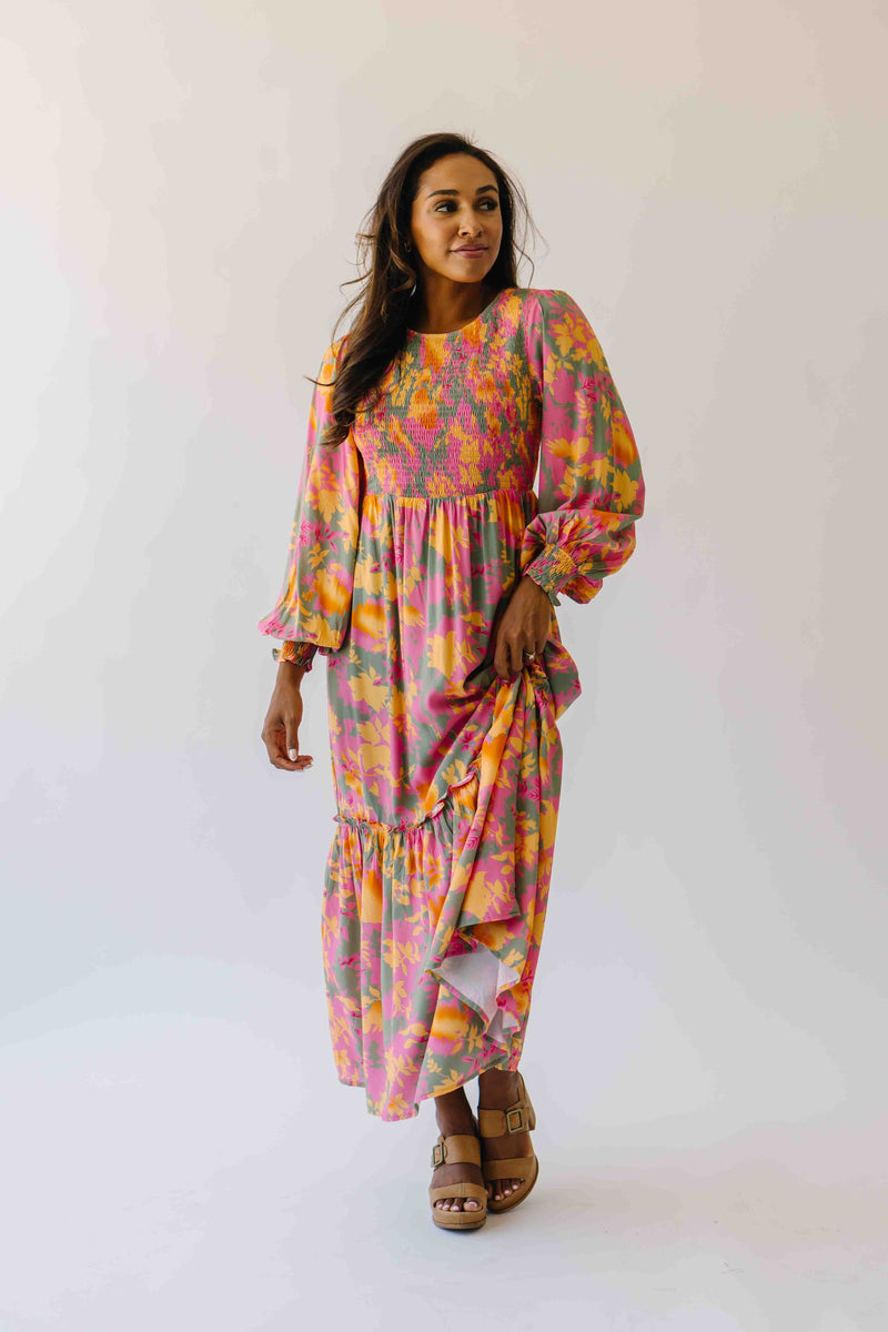 The Kensley Smocked Bodice Maxi Dress in Olive Floral
