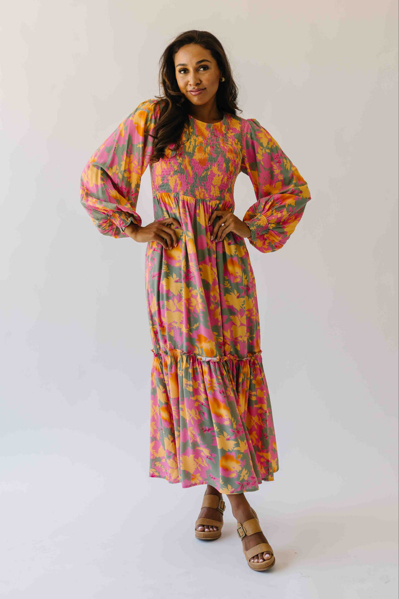 The Kensley Smocked Bodice Maxi Dress in Olive Floral