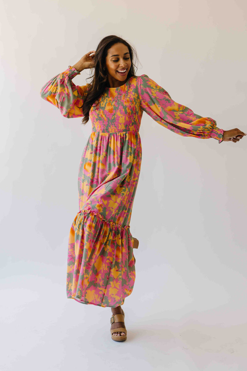 The Kensley Smocked Bodice Maxi Dress in Olive Floral