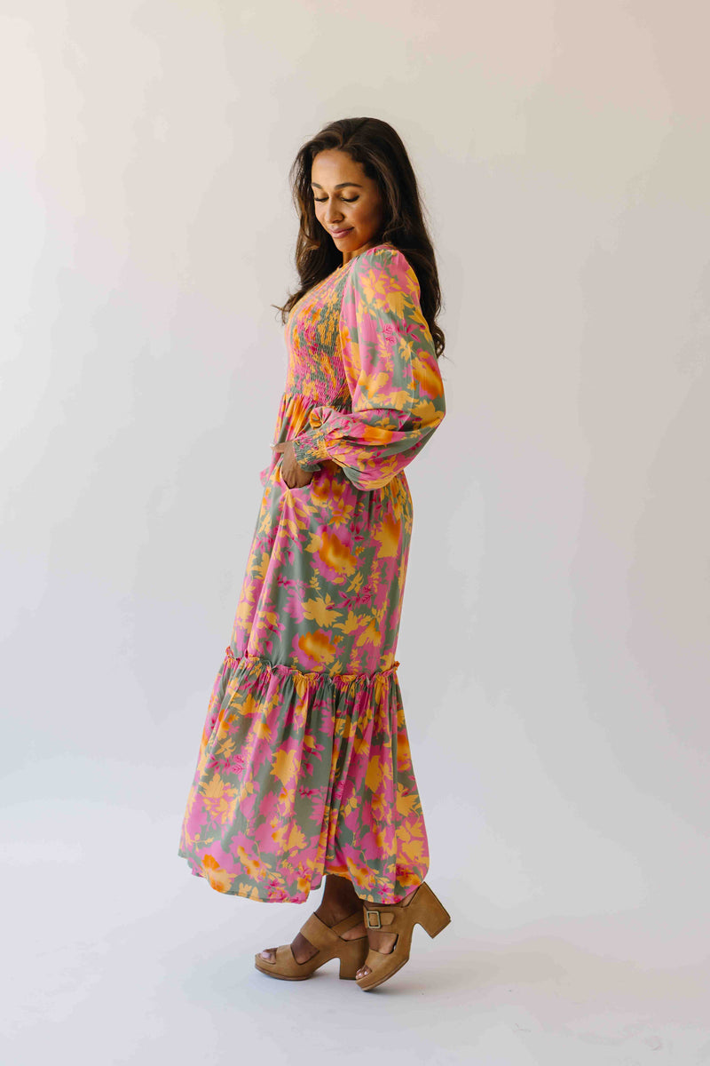 The Kensley Smocked Bodice Maxi Dress in Olive Floral