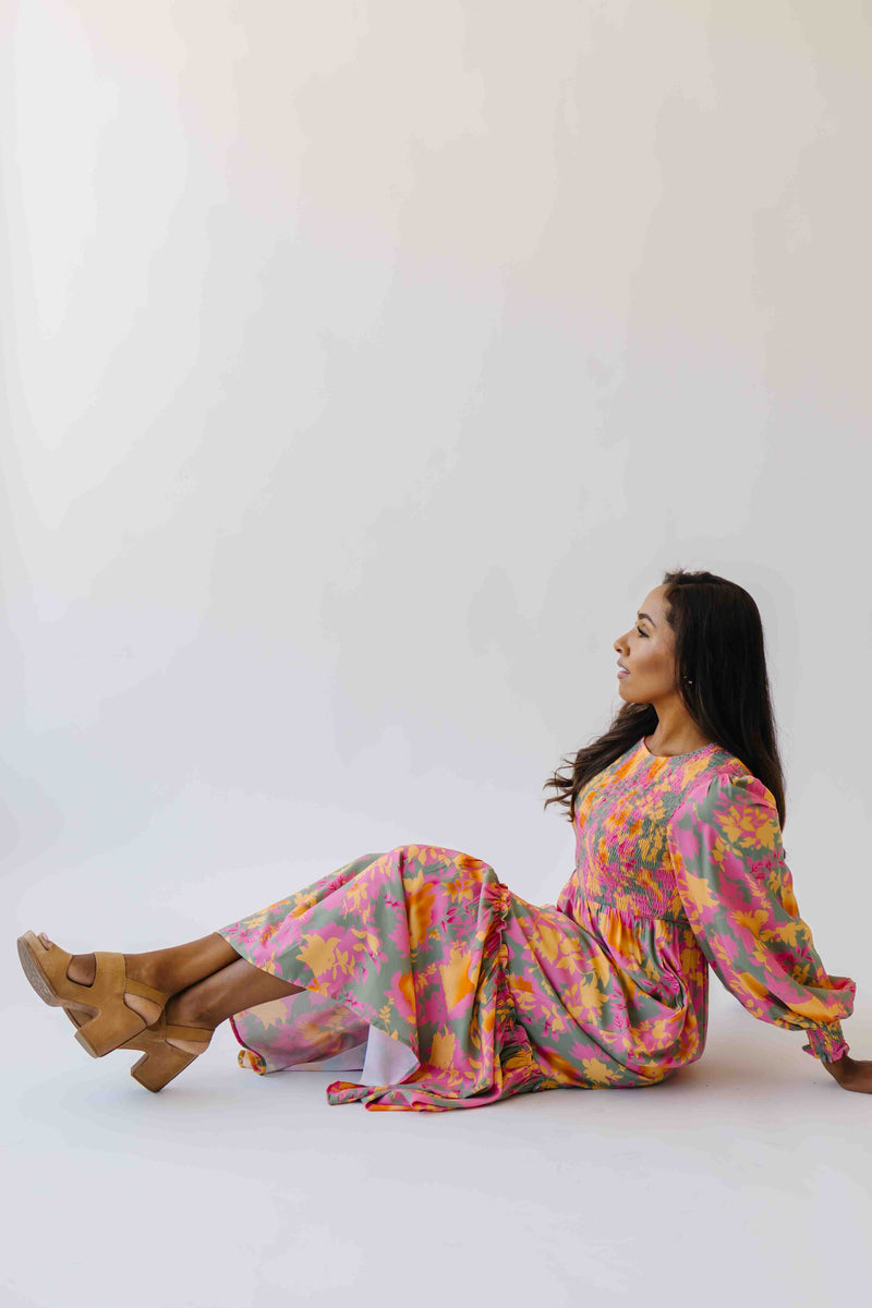 The Kensley Smocked Bodice Maxi Dress in Olive Floral