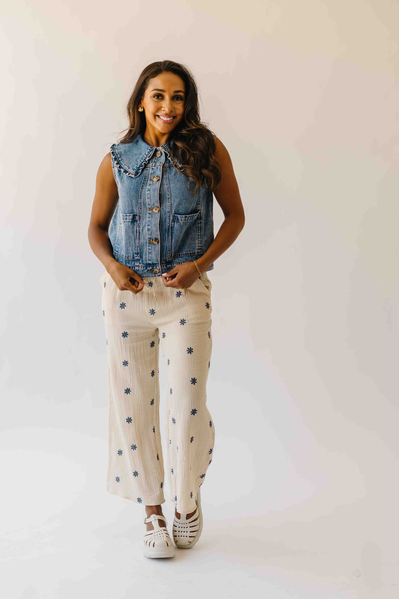 The Matoba Floral Printed Pant in Natural + Navy