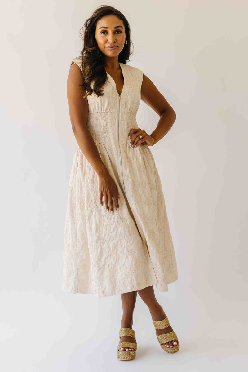 The Vergara Front Zip Midi Dress in Ivory
