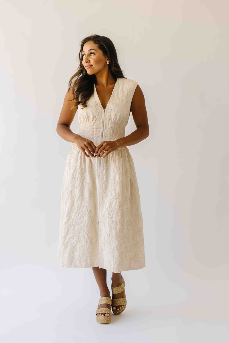 The Vergara Front Zip Midi Dress in Ivory