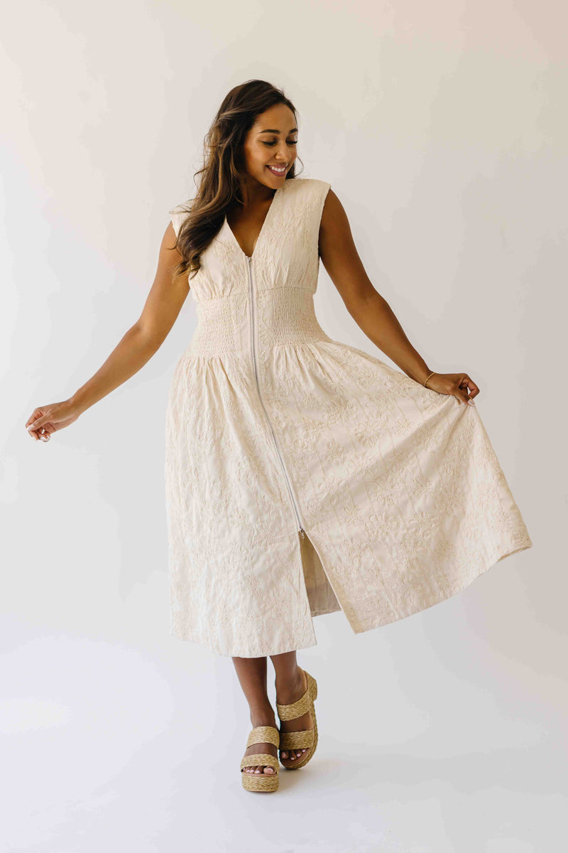 The Vergara Front Zip Midi Dress in Ivory