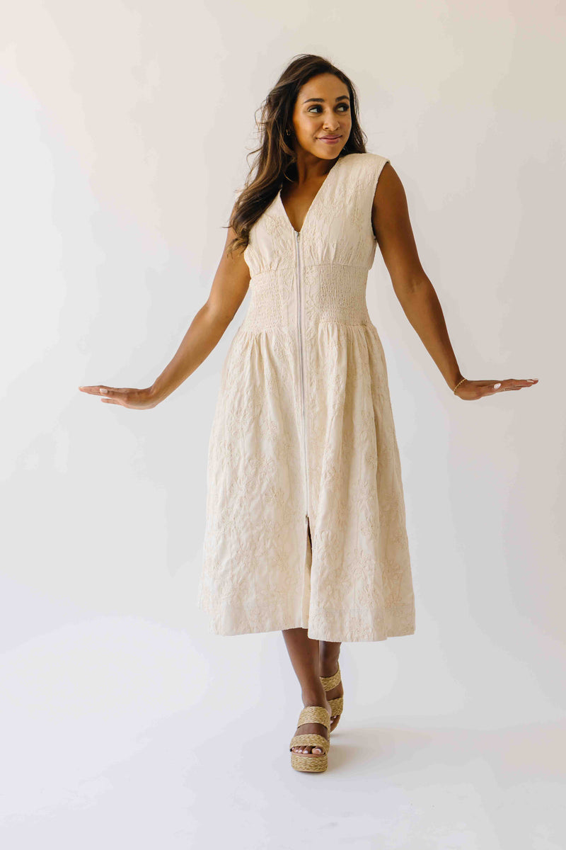 The Vergara Front Zip Midi Dress in Ivory