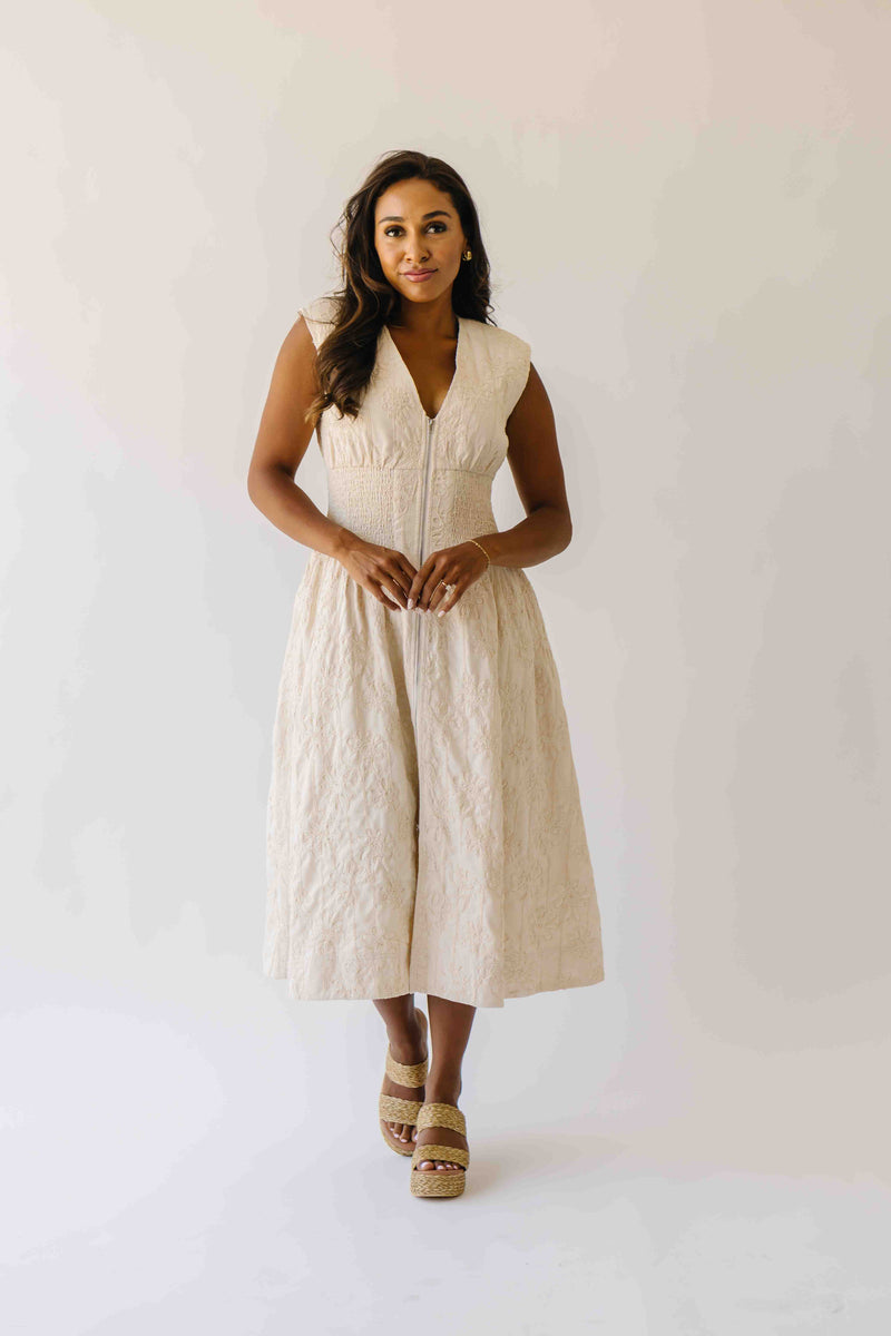 The Vergara Front Zip Midi Dress in Ivory