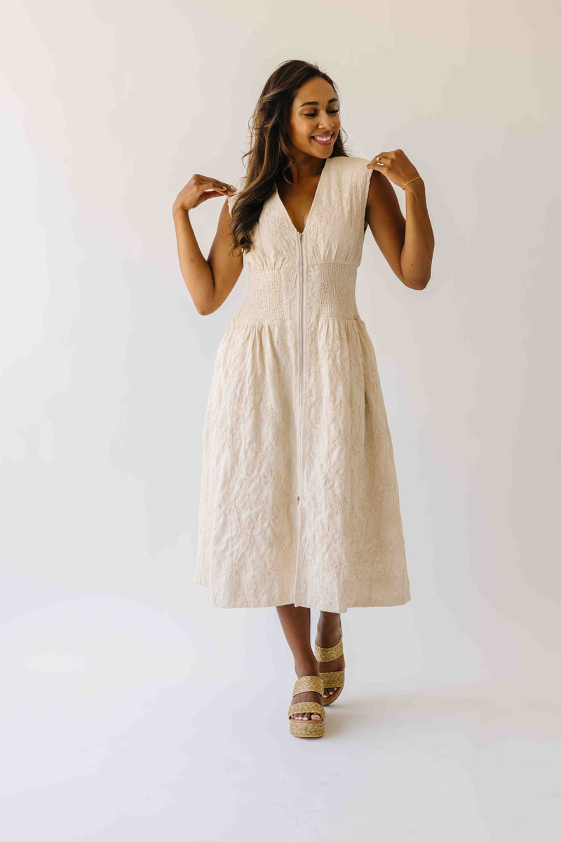 The Vergara Front Zip Midi Dress in Ivory