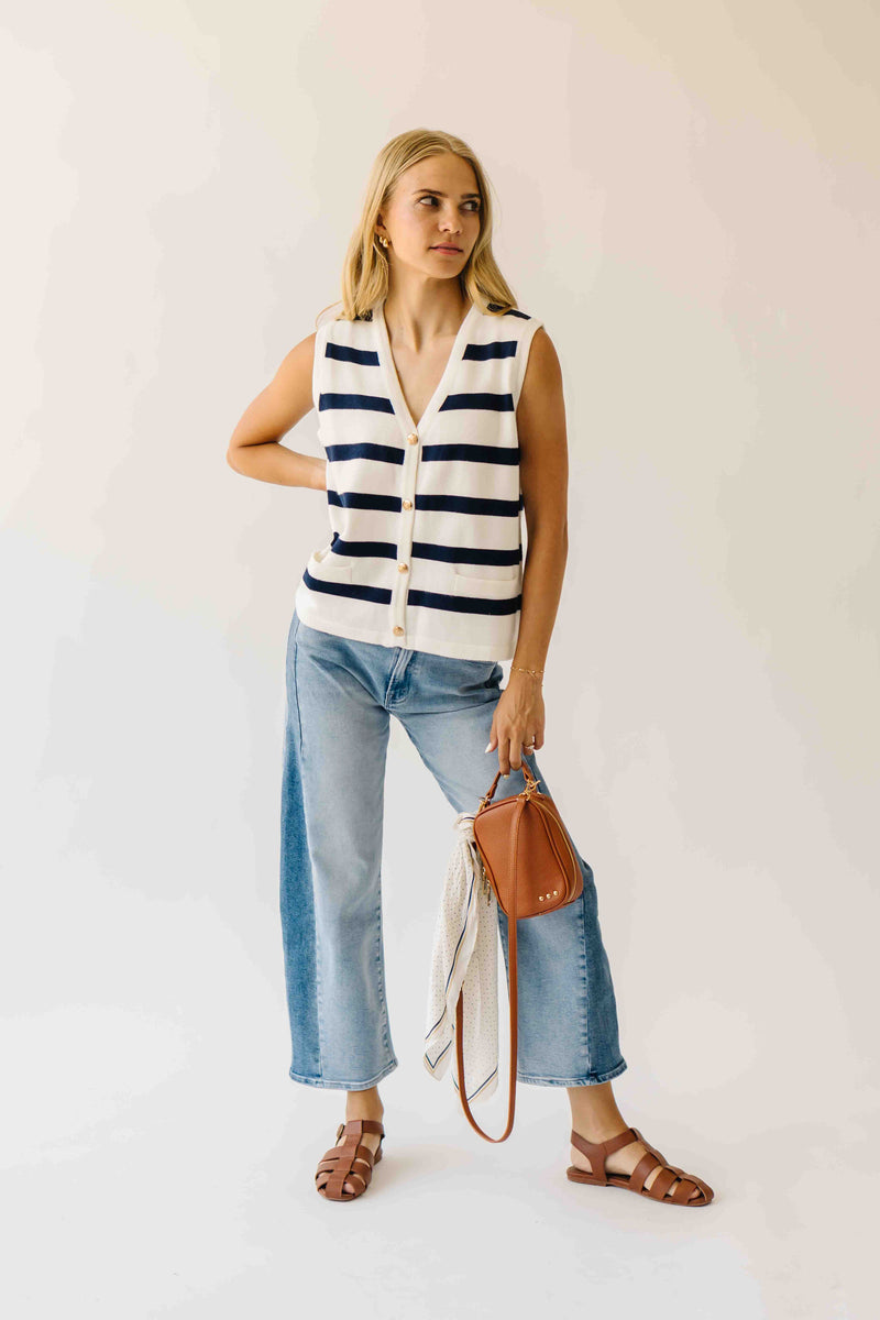 The Sheena Two-Tone Cropped Barrel Jean in Blue Denim