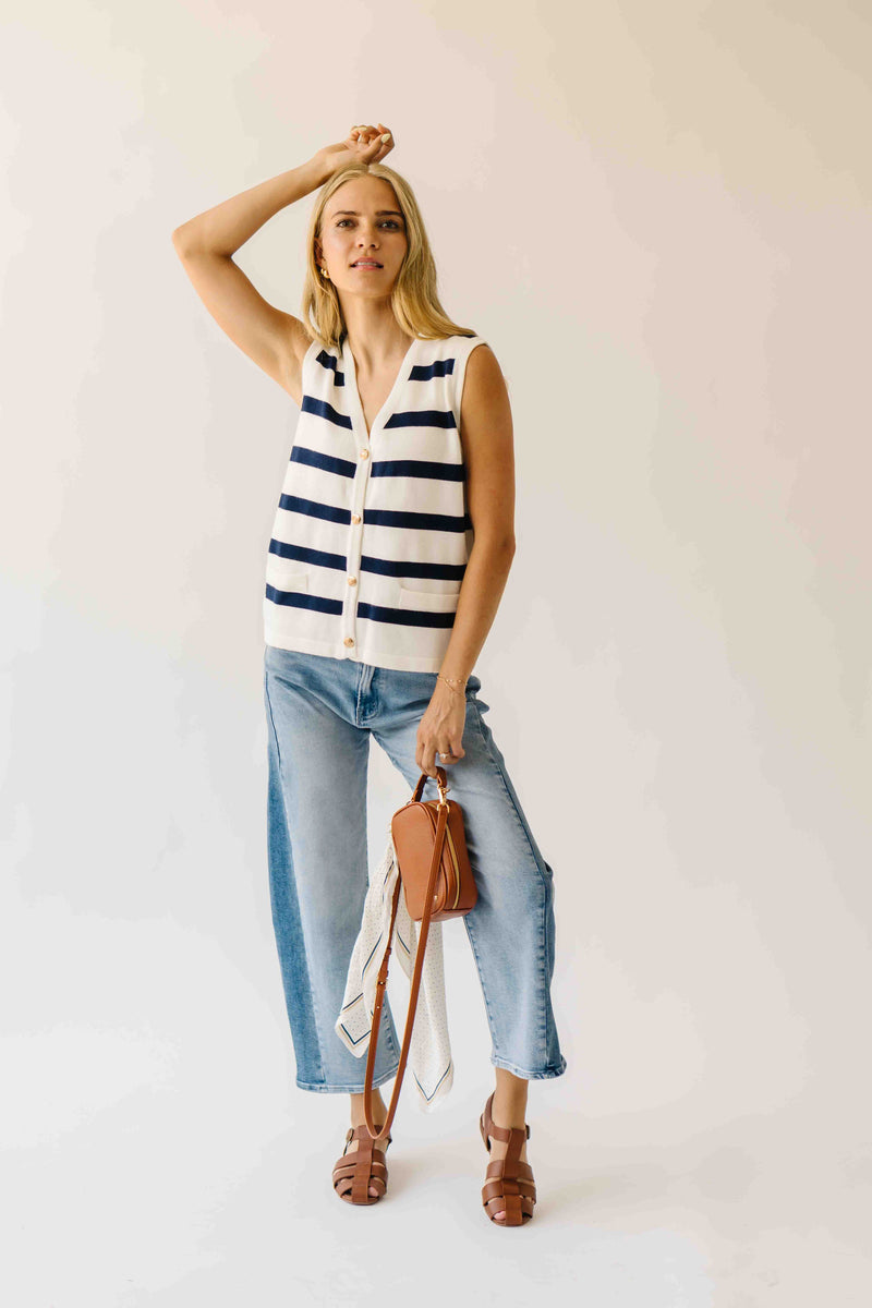 The Hanney Striped Knit Sweater Vest in Navy + White