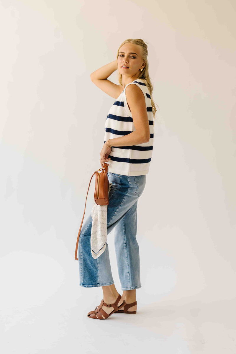 The Sheena Two-Tone Cropped Barrel Jean in Blue Denim
