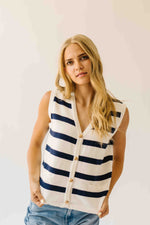 The Hanney Striped Knit Sweater Vest in Navy + White