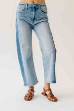 The Sheena Two-Tone Cropped Barrel Jean in Blue Denim
