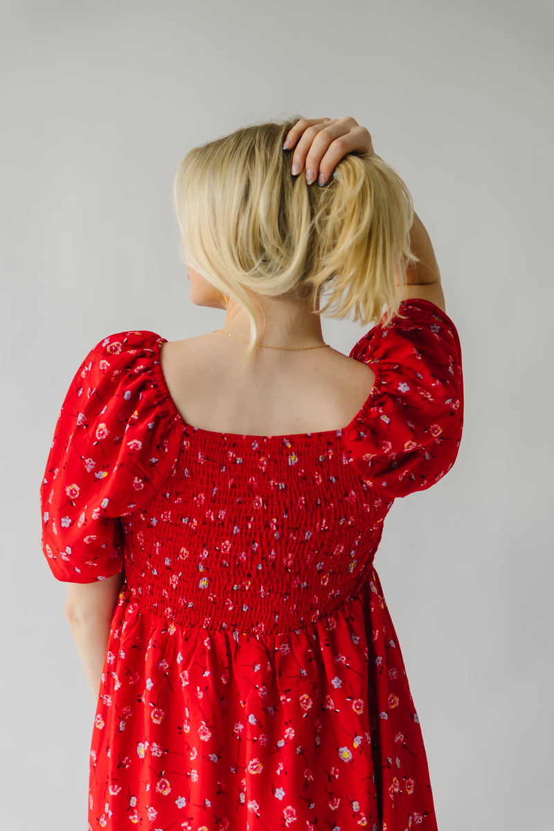 The Hayden Floral Midi Dress in Cherry Red