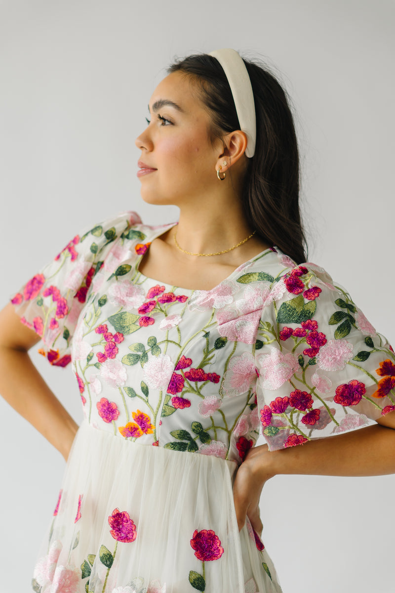 The Wayland Floral Embroidered Dress in Magenta + Pink