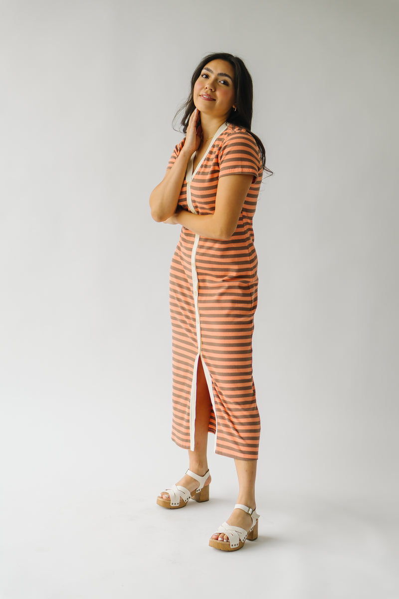 The Denzer Striped Button-Up Midi Dress in Coral + Mocha