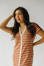 The Denzer Striped Button-Up Midi Dress in Coral + Mocha