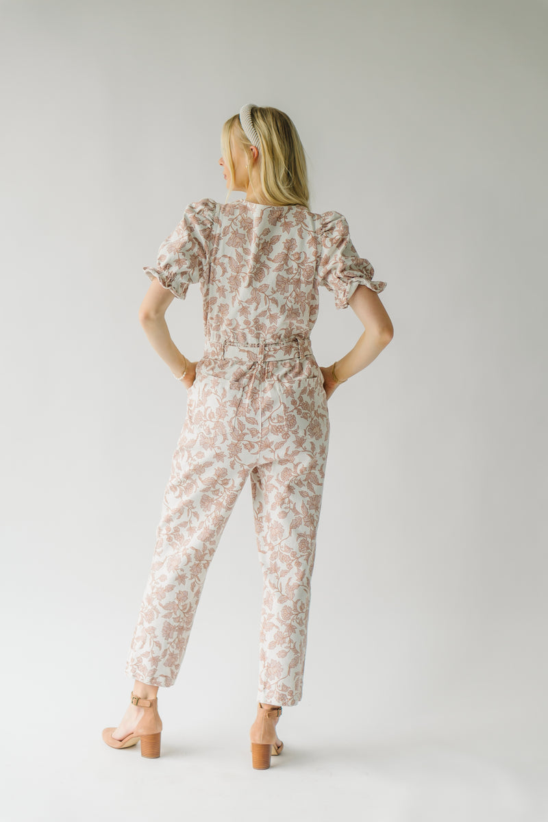 The Roxand Puff Sleeve Jumpsuit in Ivory + Pink