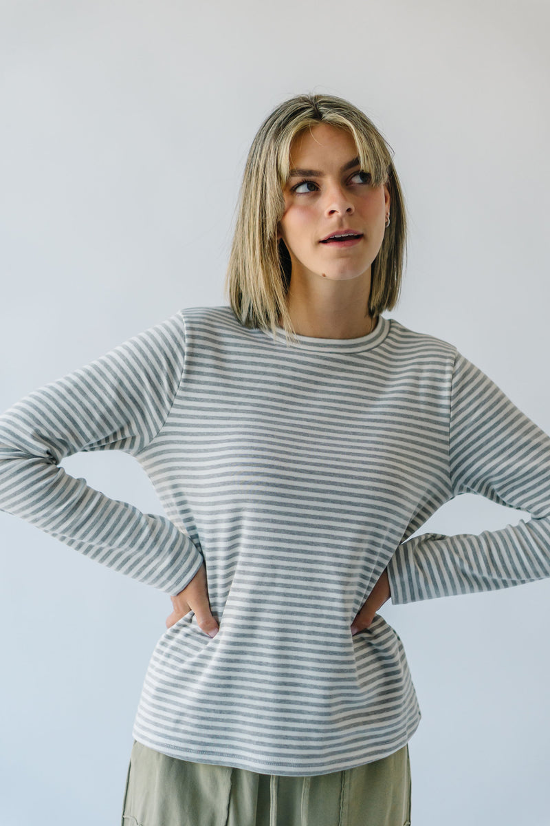 The Covina Striped Long Sleeve Top in Grey + White