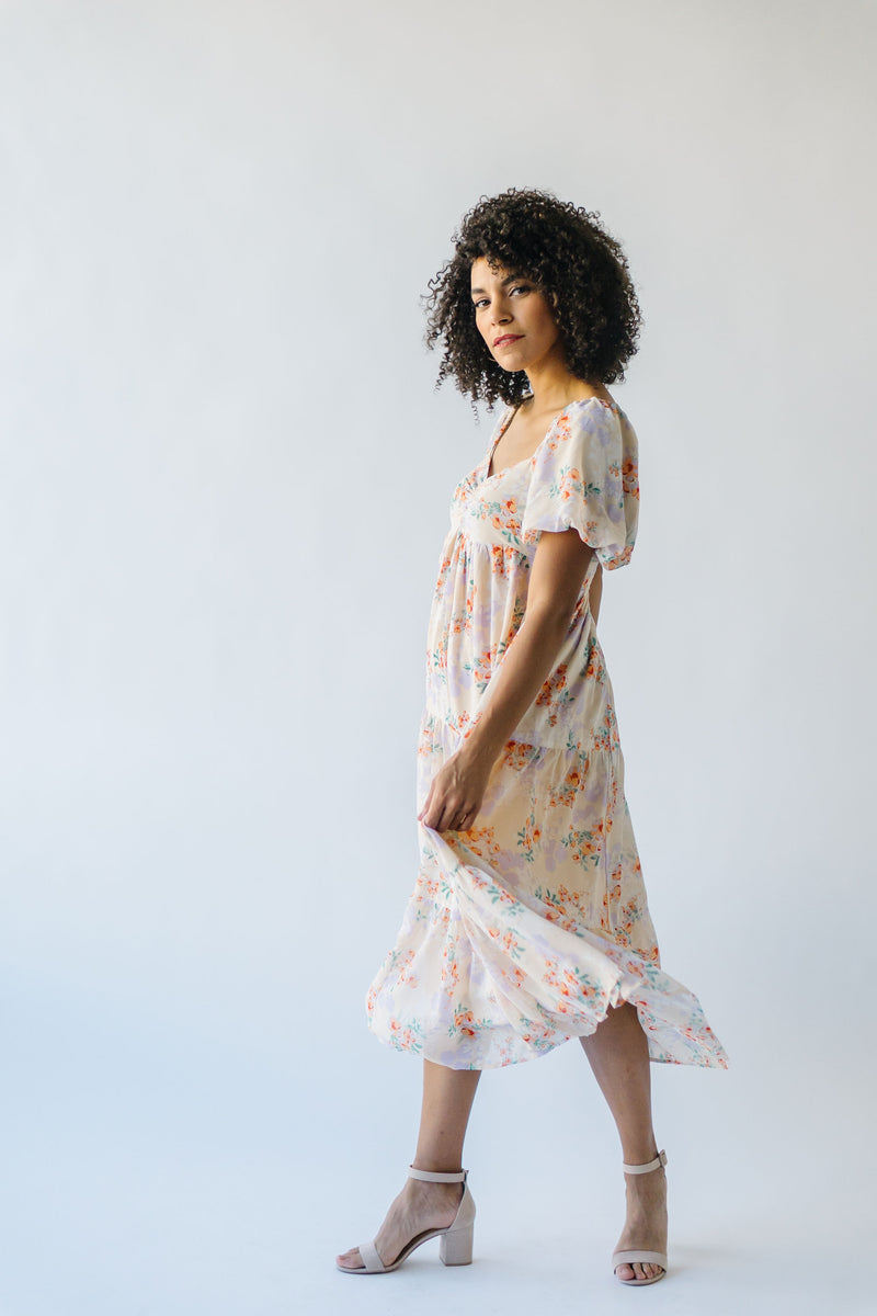 The Almira Puff Sleeve Midi Dress in Cream Floral