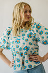 The Elbert Bubble Sleeve Blouse in Turquoise Floral