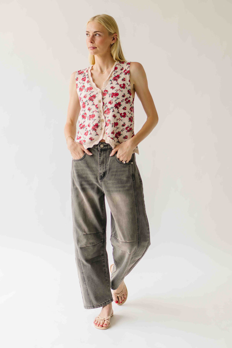 The Tamber Floral Button-Up Knit Vest in Oatmeal Combo