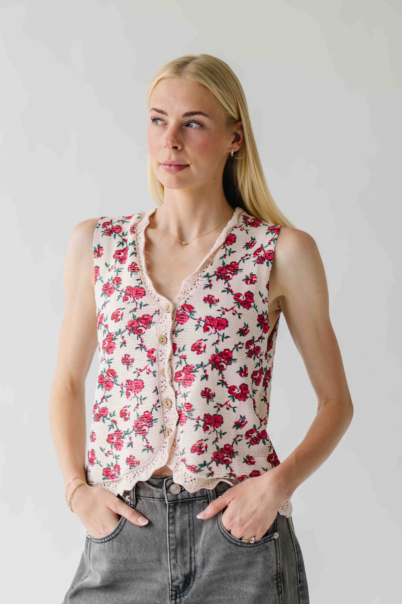 The Tamber Floral Button-Up Knit Vest in Oatmeal Combo
