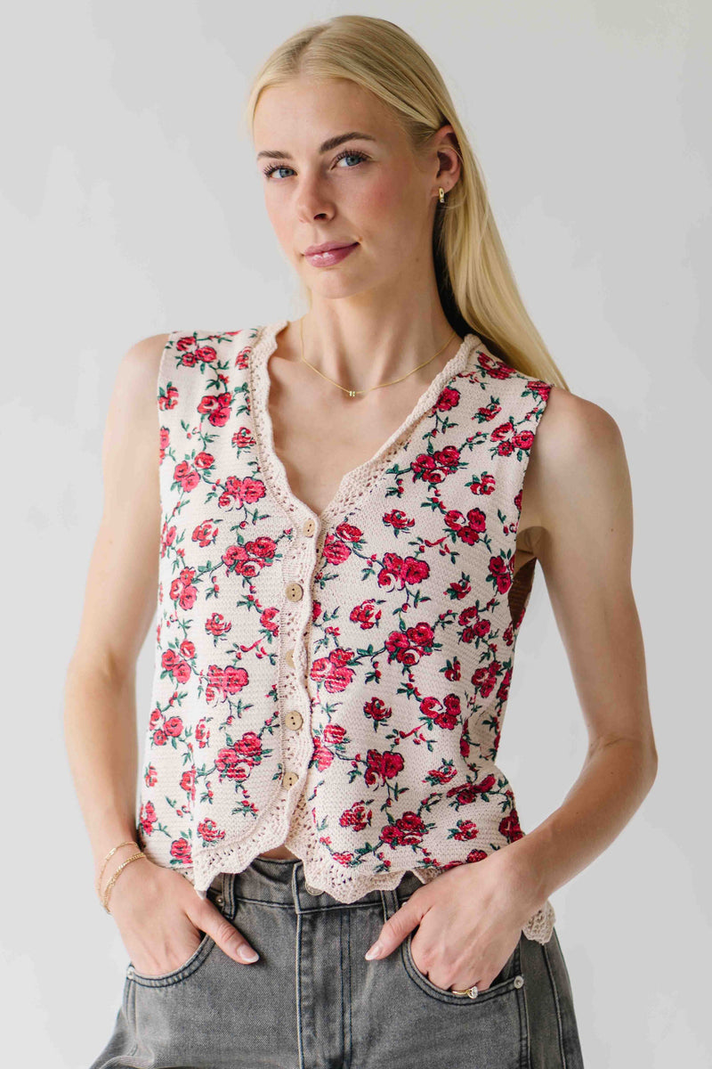 The Tamber Floral Button-Up Knit Vest in Oatmeal Combo
