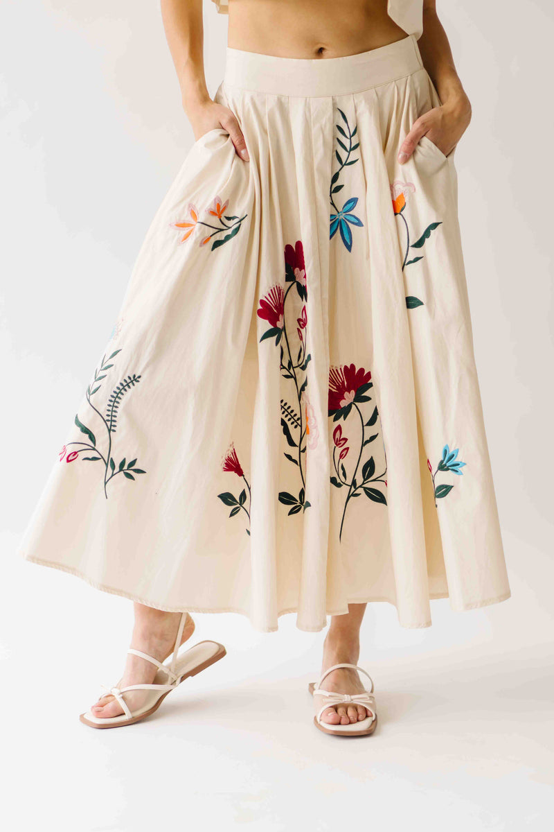 The Ralston Embroidered Blouse + Skirt Set in Ecru
