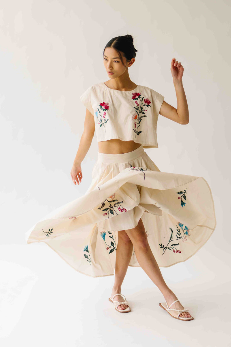 The Ralston Embroidered Blouse + Skirt Set in Ecru