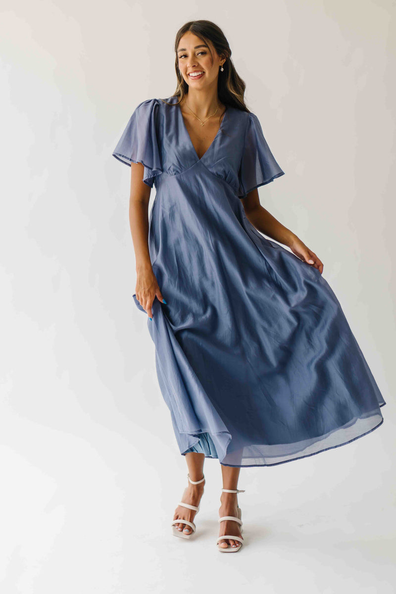The Harston Flutter Sleeve Maxi Dress in Midnight Blue