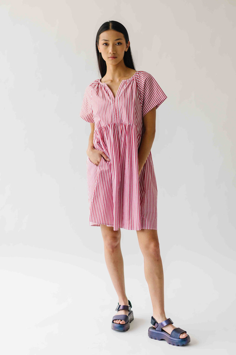 The Tamra Striped Babydoll Dress in Red + Ivory