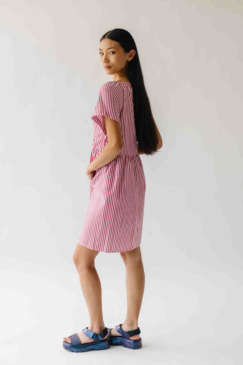 The Tamra Striped Babydoll Dress in Red + Ivory