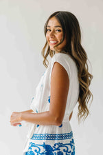 The Rexford Embroidered Wrap Maxi Dress in White + Blue