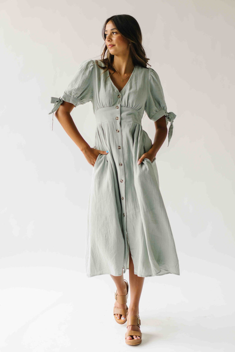 The Larkins Button-Up Gauze Midi Dress in Dusty Sage