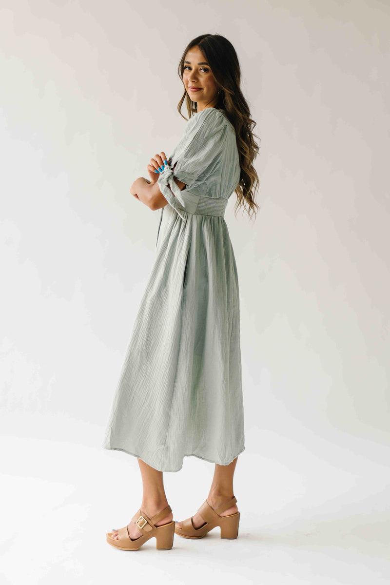 The Larkins Button-Up Gauze Midi Dress in Dusty Sage