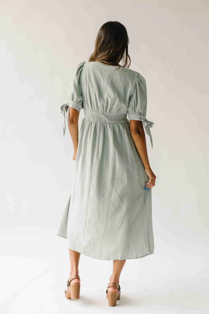 The Larkins Button-Up Gauze Midi Dress in Dusty Sage