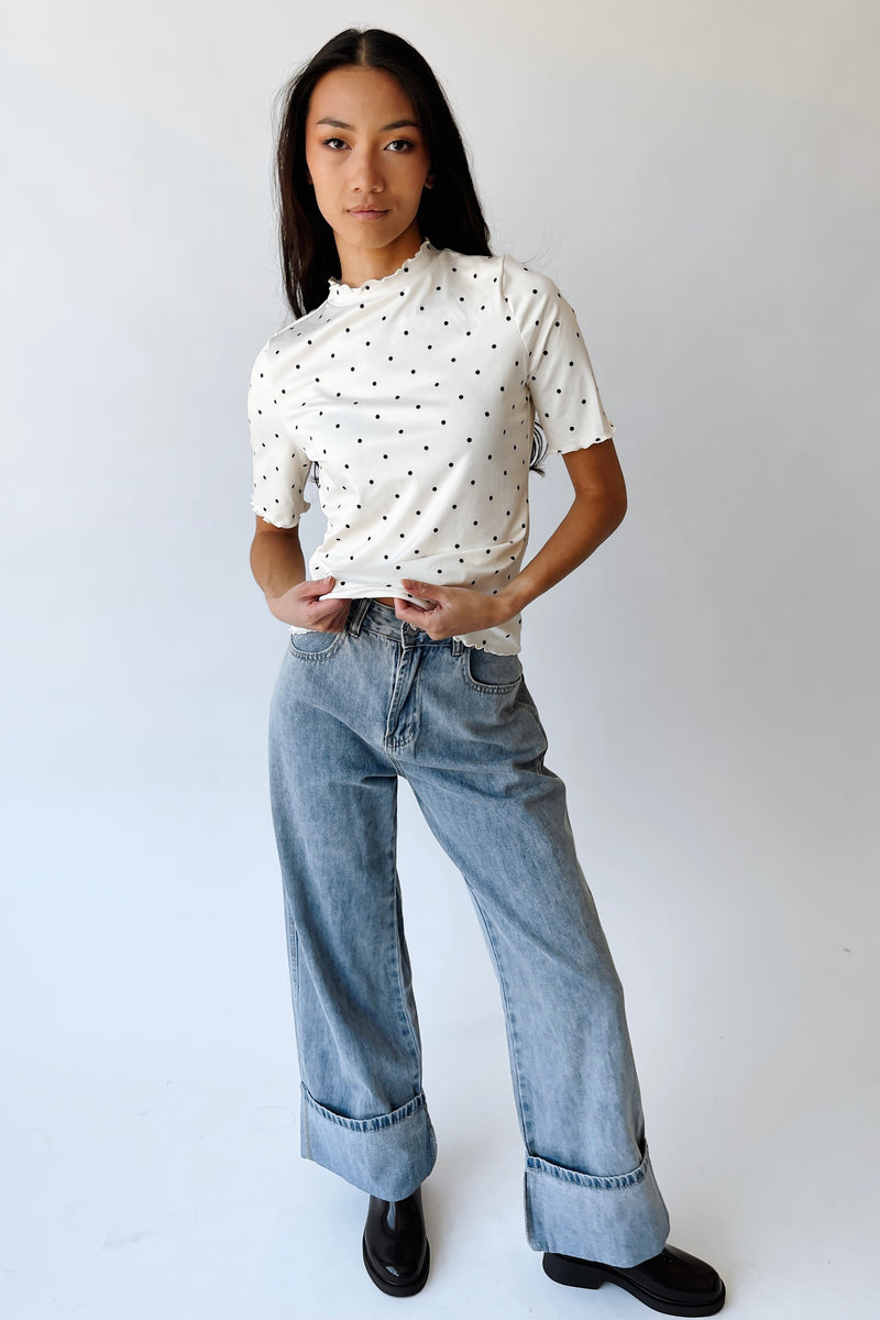 The Julissa Polka Dot Ribbed Blouse in Cream