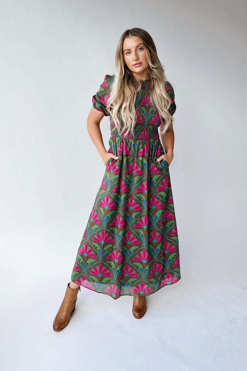 The Kristin Floral Smocked Maxi Dress in Kelly Green + Pink