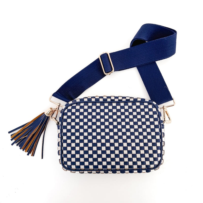 The Woven Willow Camera Crossbody Bag in Checkered Navy