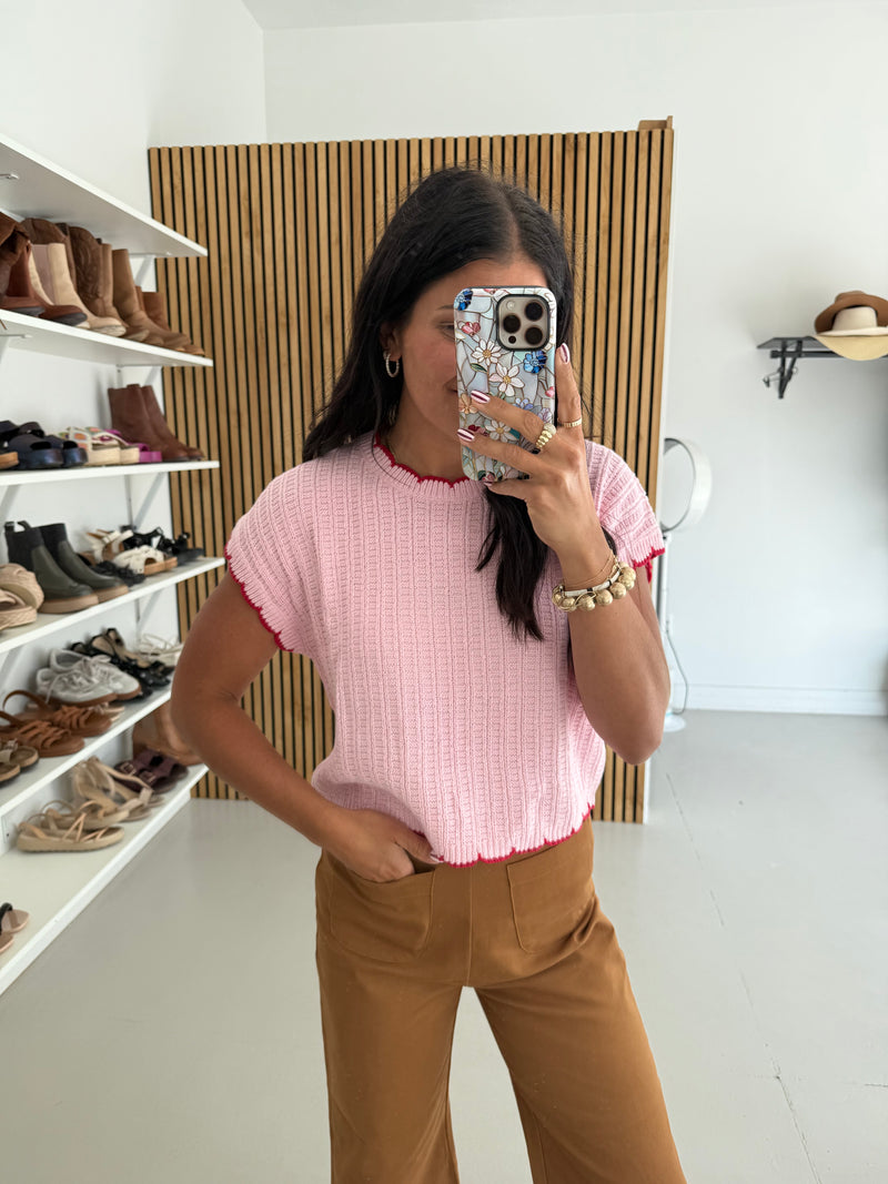 The Shelly Scallop Edge Sweater in Pink + Red
