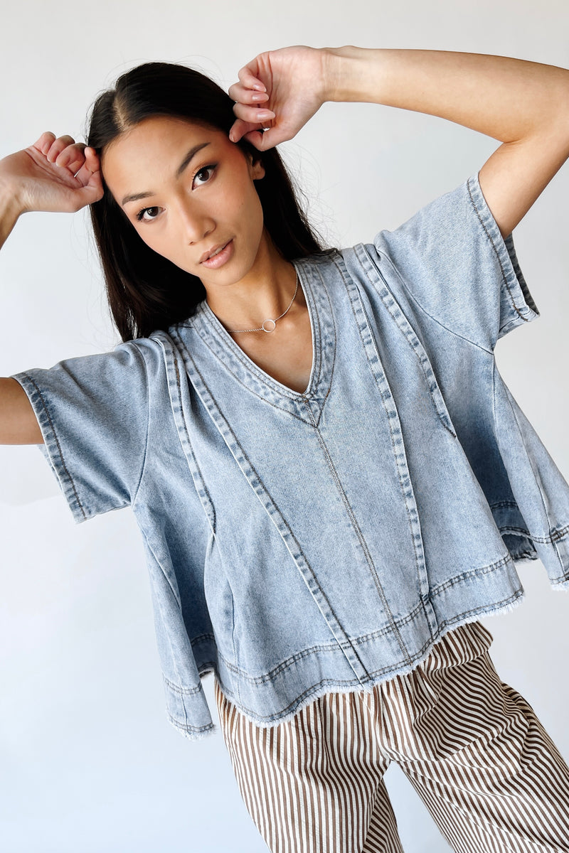 The Kirby V-Neck Blouse in Light Denim