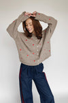 The Riggs Heart Embroidered Button-Down Sweater in Mocha + Red